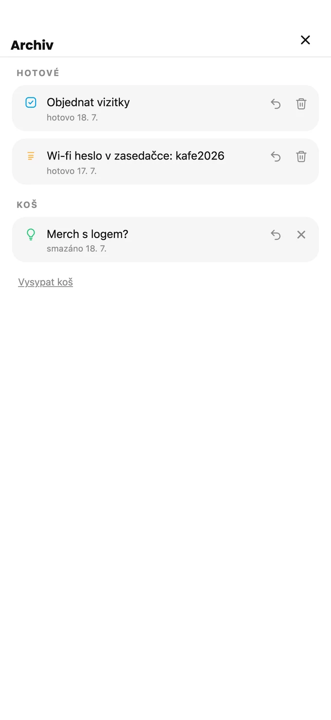 Archiv a koš v QuickNotes
