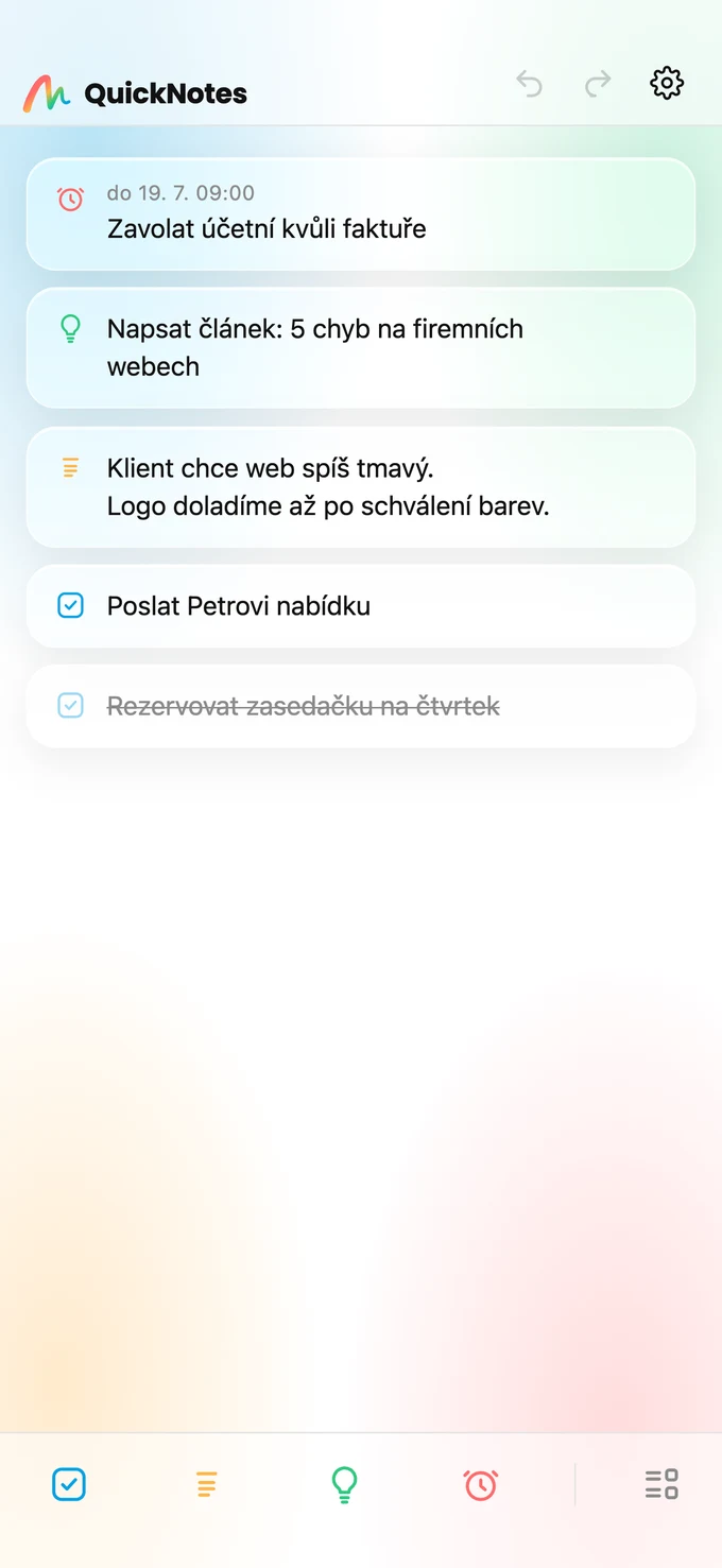 Glass vzhled aplikace QuickNotes